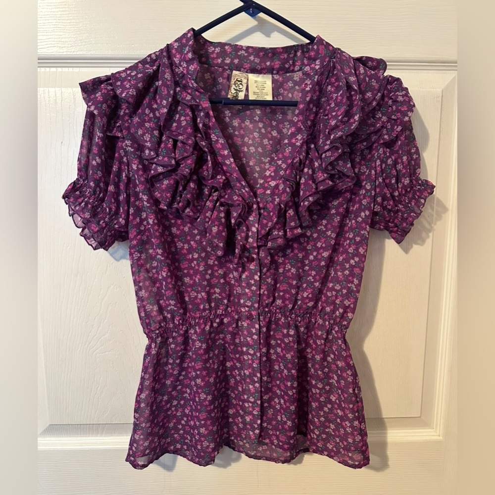 Vintage Y2K L8ter Purple Floral Peplum Blouse – Ruffled Collar & Sleeves